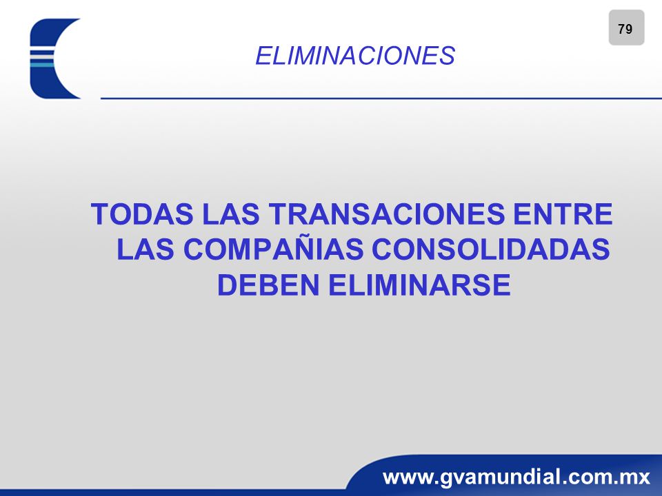 ELIMINACIONES TODAS LAS TRANSACIONES ENTRE LAS COMPAÑIAS CONSOLIDADAS DEBEN ELIMINARSE 79
