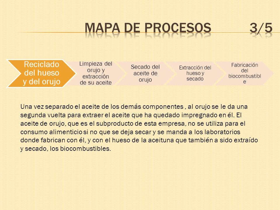 Mapa de procesos 3/5 Reciclado del hueso y del orujo. Limpieza del orujo y extracción de su aceite.