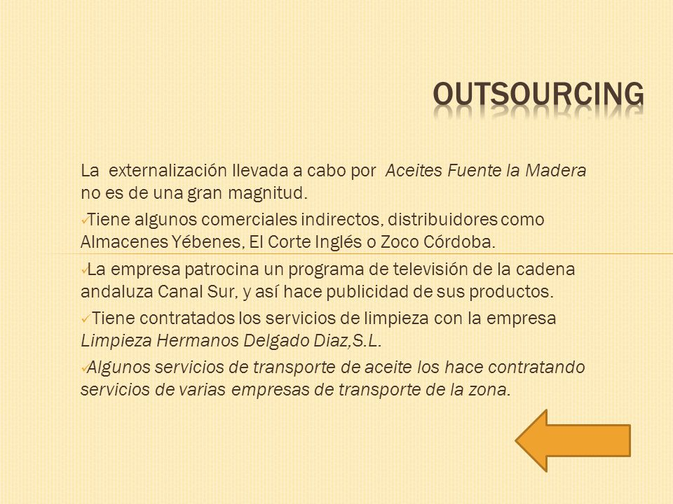 Outsourcing La externalización llevada a cabo por Aceites Fuente la Madera no es de una gran magnitud.