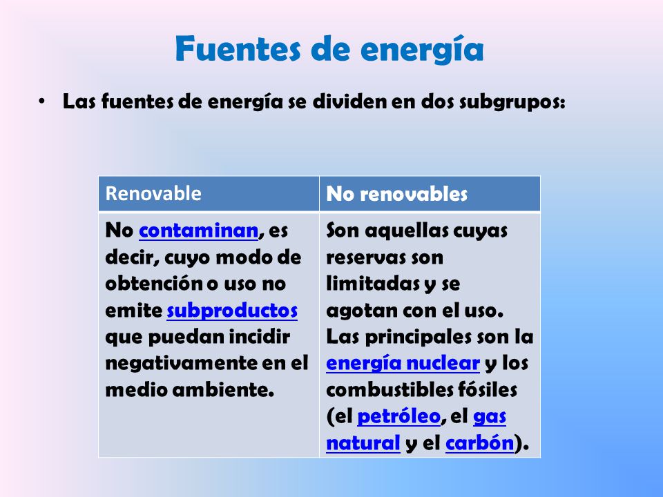 Fuentes de energía Las fuentes de energía se dividen en dos subgrupos: