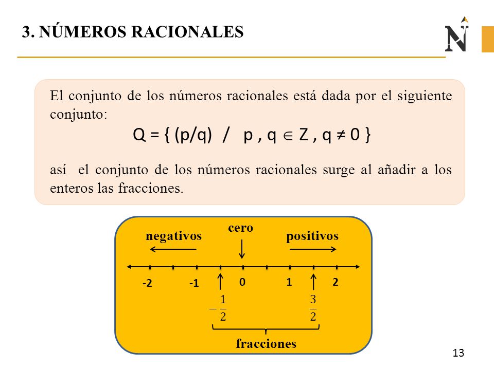 Q = { (p/q) / p , q  Z , q ≠ 0 } 3. NÚMEROS RACIONALES