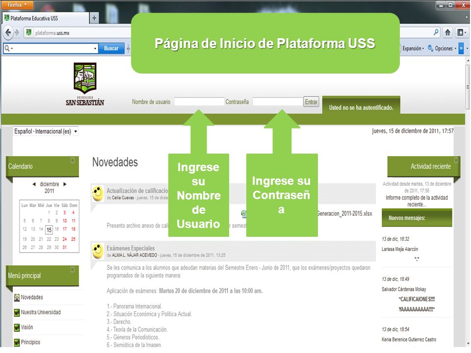 Página de Inicio de Plataforma USS Ingrese su Nombre de Usuario