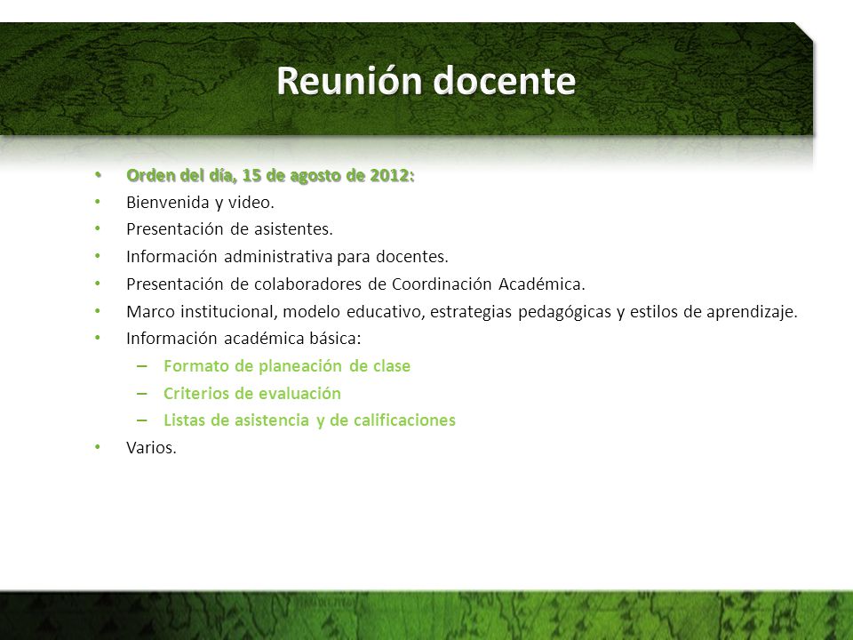 Reunión docente Orden del día, 15 de agosto de 2012: