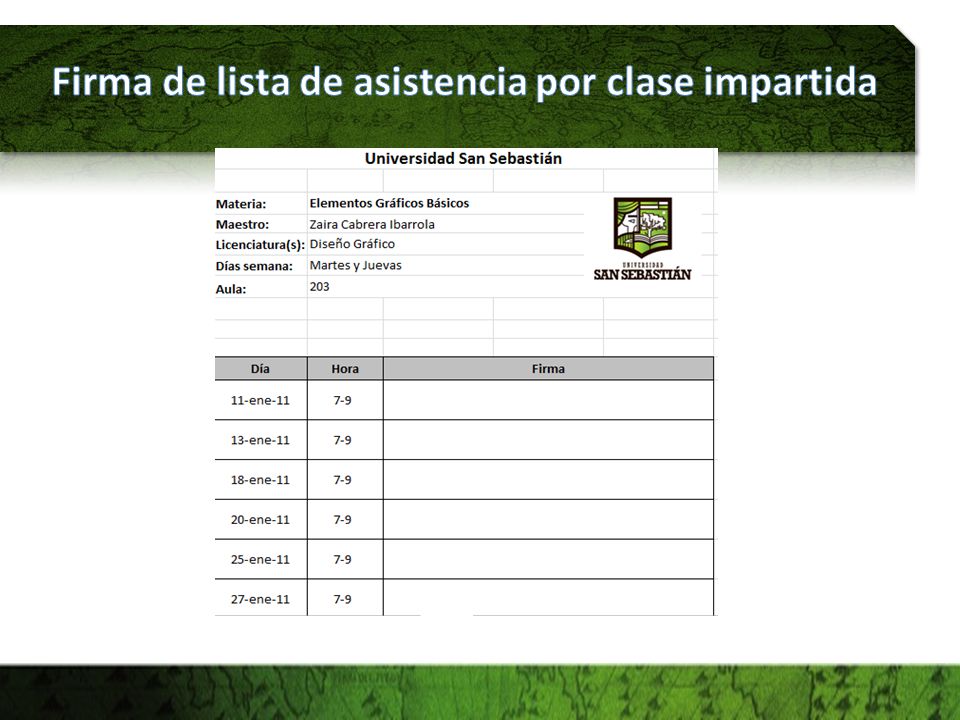 Firma de lista de asistencia por clase impartida