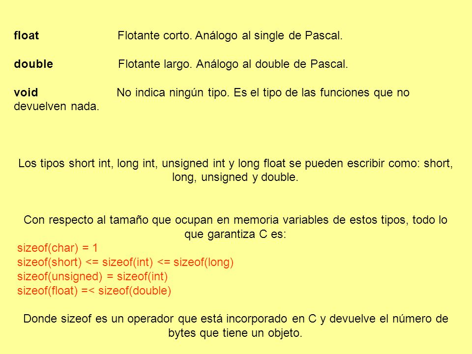 float Flotante corto. Análogo al single de Pascal.