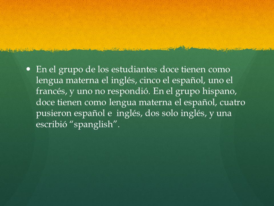 En el grupo de los estudiantes doce tienen como lengua materna el inglés, cinco el español, uno el francés, y uno no respondió.