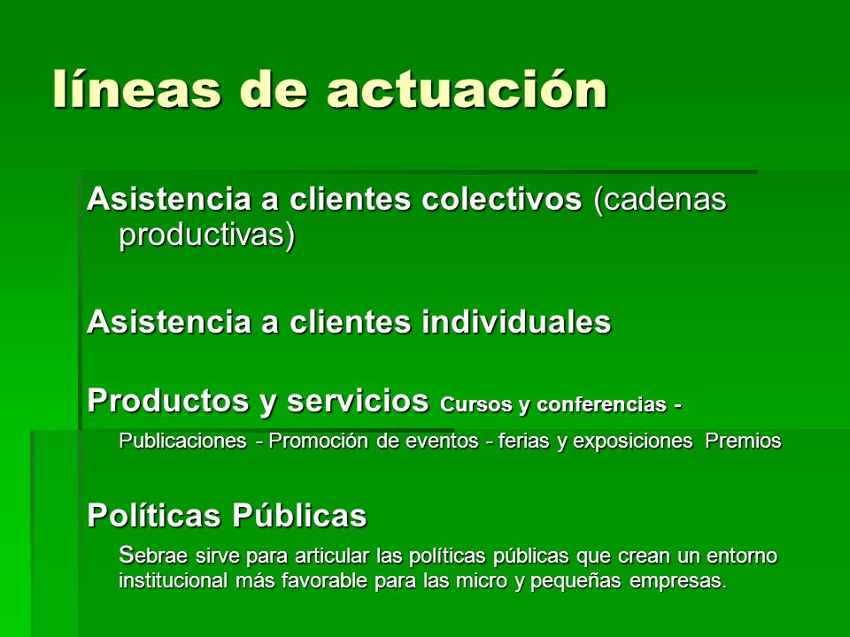 líneas de actuación Asistencia a clientes colectivos (cadenas productivas) Asistencia a clientes individuales.