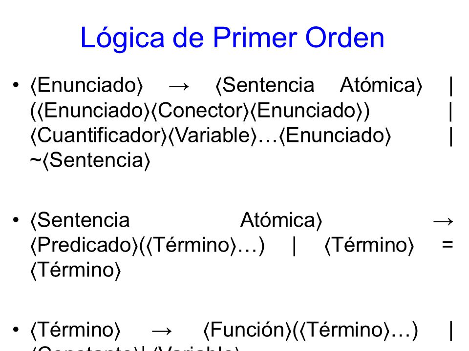 Lógica de Primer Orden 〈Enunciado〉 → 〈Sentencia Atómica〉 | (〈Enunciado〉〈Conector〉〈Enunciado〉) | 〈Cuantificador〉〈Variable〉…〈Enunciado〉 | ~〈Sentencia〉