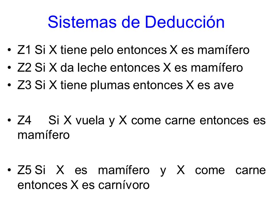 Sistemas de Deducción Z1 Si X tiene pelo entonces X es mamífero