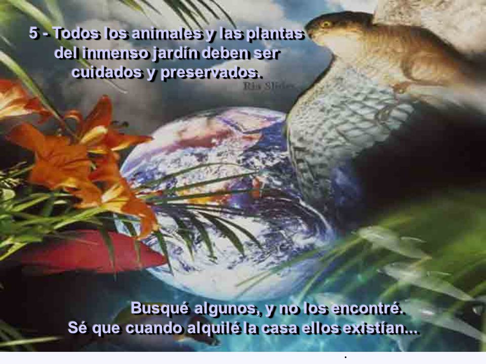 5 - Todos los animales y las plantas del inmenso jardín deben ser cuidados y preservados.