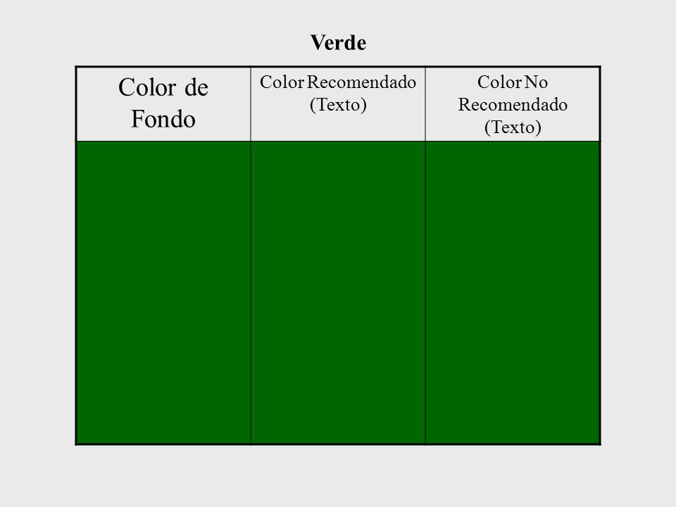Color de Fondo Negro Rojo Cyan Verde Color Recomendado (Texto)