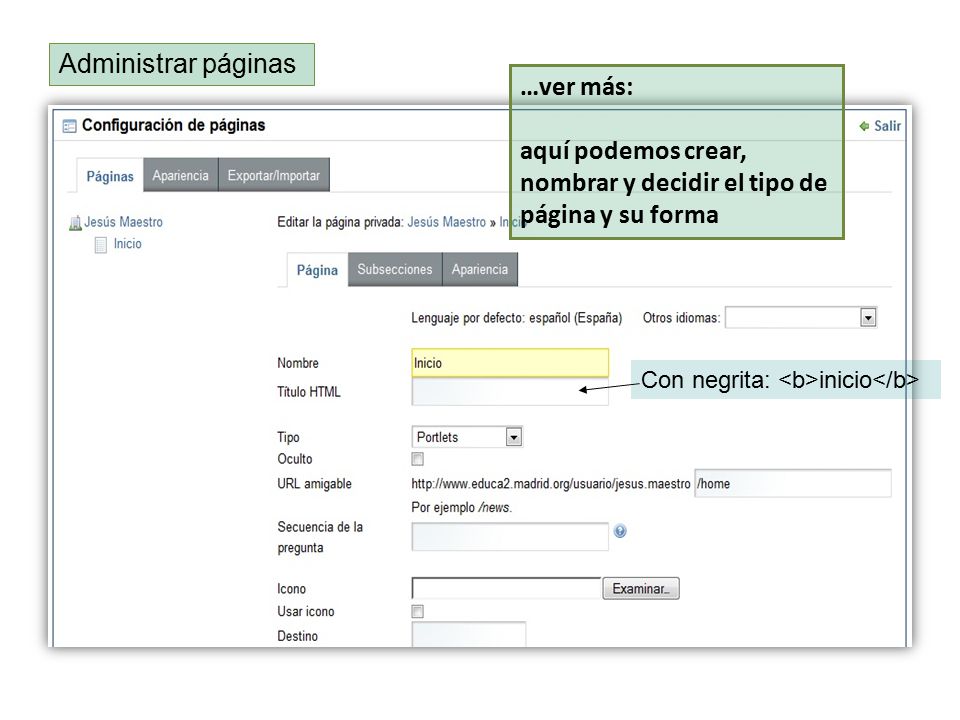 aquí podemos crear, nombrar y decidir el tipo de página y su forma