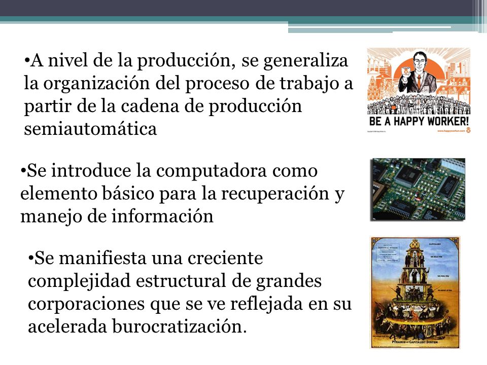 A nivel de la producción, se generaliza la organización del proceso de trabajo a partir de la cadena de producción semiautomática