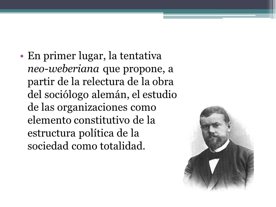 En primer lugar, la tentativa neo-weberiana que propone, a partir de la relectura de la obra del sociólogo alemán, el estudio de las organizaciones como elemento constitutivo de la estructura política de la sociedad como totalidad.