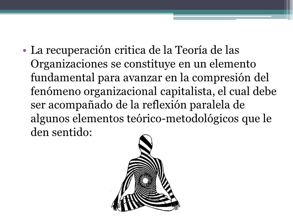 La recuperación critica de la Teoría de las Organizaciones se constituye en un elemento fundamental para avanzar en la compresión del fenómeno organizacional capitalista, el cual debe ser acompañado de la reflexión paralela de algunos elementos teórico-metodológicos que le den sentido: