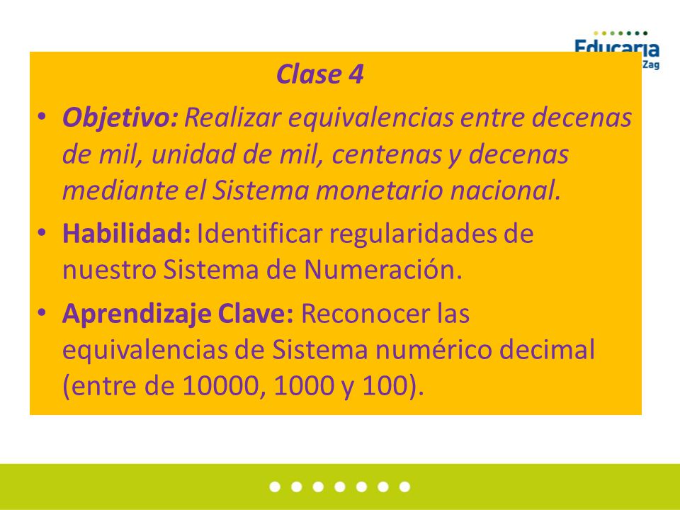 Clase 4 Objetivo: Realizar equivalencias entre decenas de mil, unidad de mil, centenas y decenas mediante el Sistema monetario nacional.