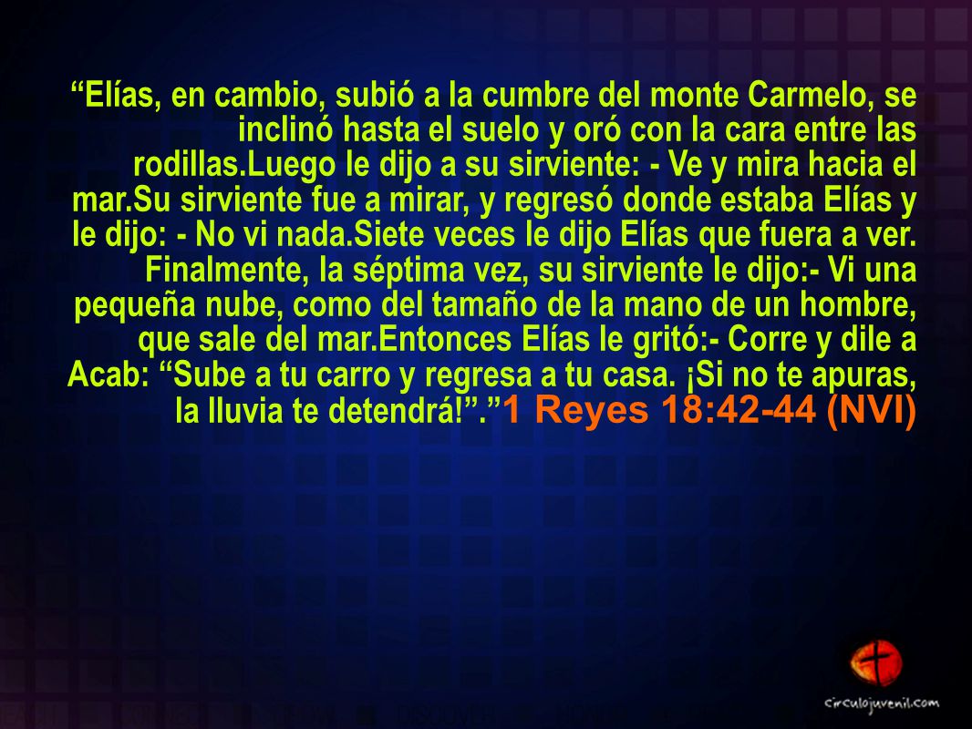 Elías, en cambio, subió a la cumbre del monte Carmelo, se inclinó hasta el suelo y oró con la cara entre las rodillas.Luego le dijo a su sirviente: - Ve y mira hacia el mar.Su sirviente fue a mirar, y regresó donde estaba Elías y le dijo: - No vi nada.Siete veces le dijo Elías que fuera a ver.