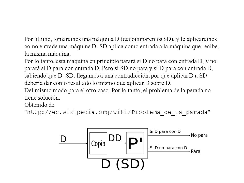 Por último, tomaremos una máquina D (denominaremos SD), y le aplicaremos como entrada una máquina D. SD aplica como entrada a la máquina que recibe, la misma máquina.