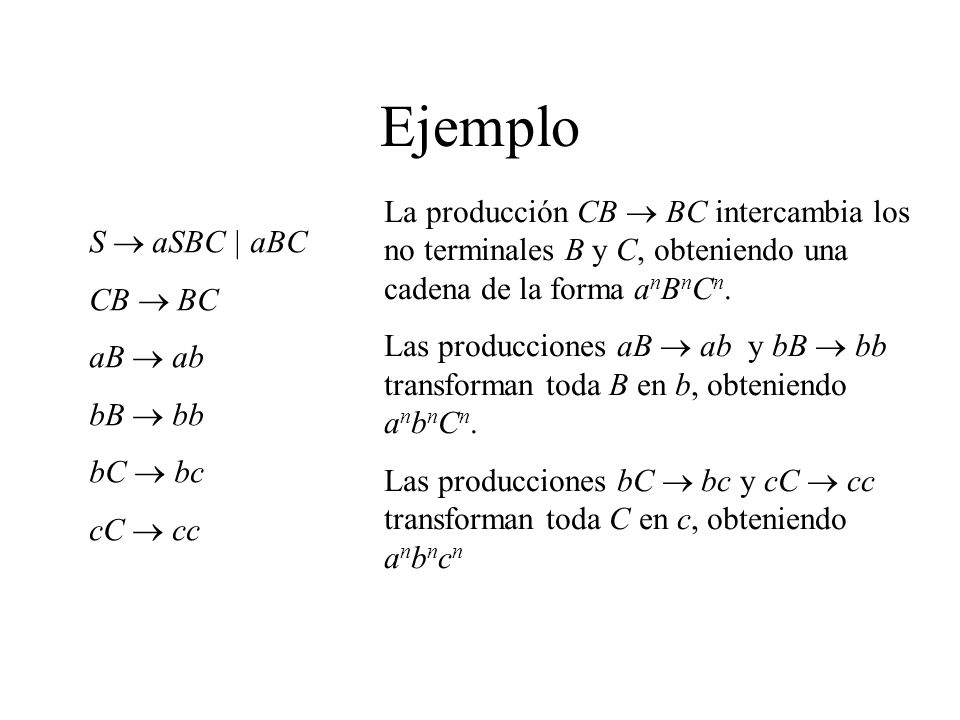 Ejemplo La producción CB  BC intercambia los no terminales B y C, obteniendo una cadena de la forma anBnCn.
