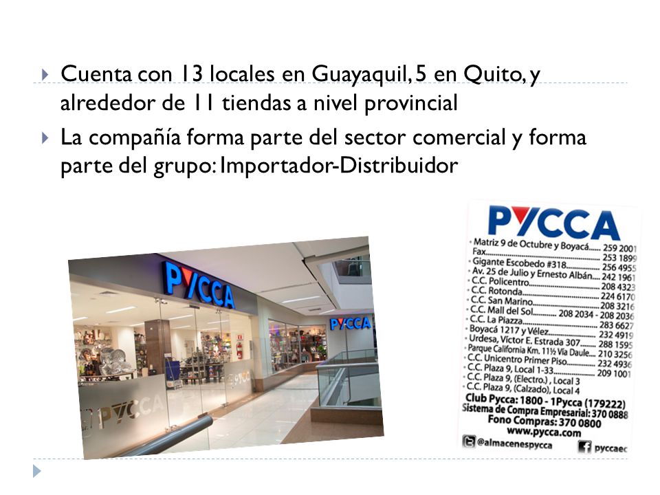 Cuenta con 13 locales en Guayaquil, 5 en Quito, y alrededor de 11 tiendas a nivel provincial