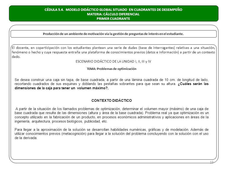 CÉDULA 5.4. MODELO DIDÁCTICO GLOBAL SITUADO EN CUADRANTES DE DESEMPEÑO