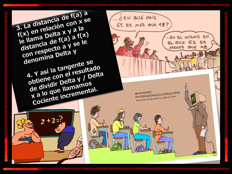 3. La distancia de f(a) a f(x) en relación con x se le llama Delta x y a la distancia de f(a) a f(x) con respecto a y se le denomina Delta y