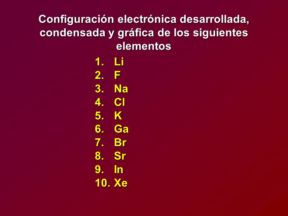 Configuración electrónica desarrollada, condensada y gráfica de los siguientes elementos