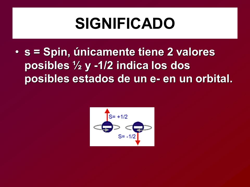 SIGNIFICADO s = Spin, únicamente tiene 2 valores posibles ½ y -1/2 indica los dos posibles estados de un e- en un orbital.