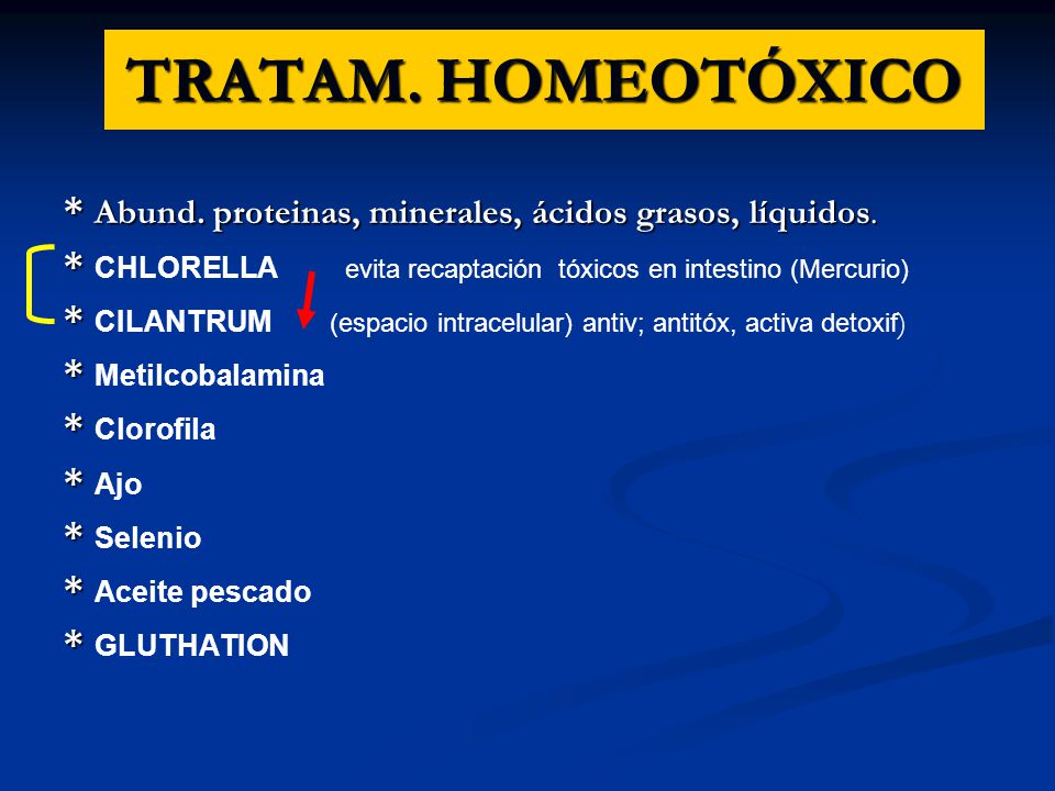 TRATAM. HOMEOTÓXICO * Abund. proteinas, minerales, ácidos grasos, líquidos. * CHLORELLA evita recaptación tóxicos en intestino (Mercurio)