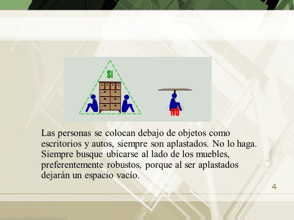 Las personas se colocan debajo de objetos como escritorios y autos, siempre son aplastados.