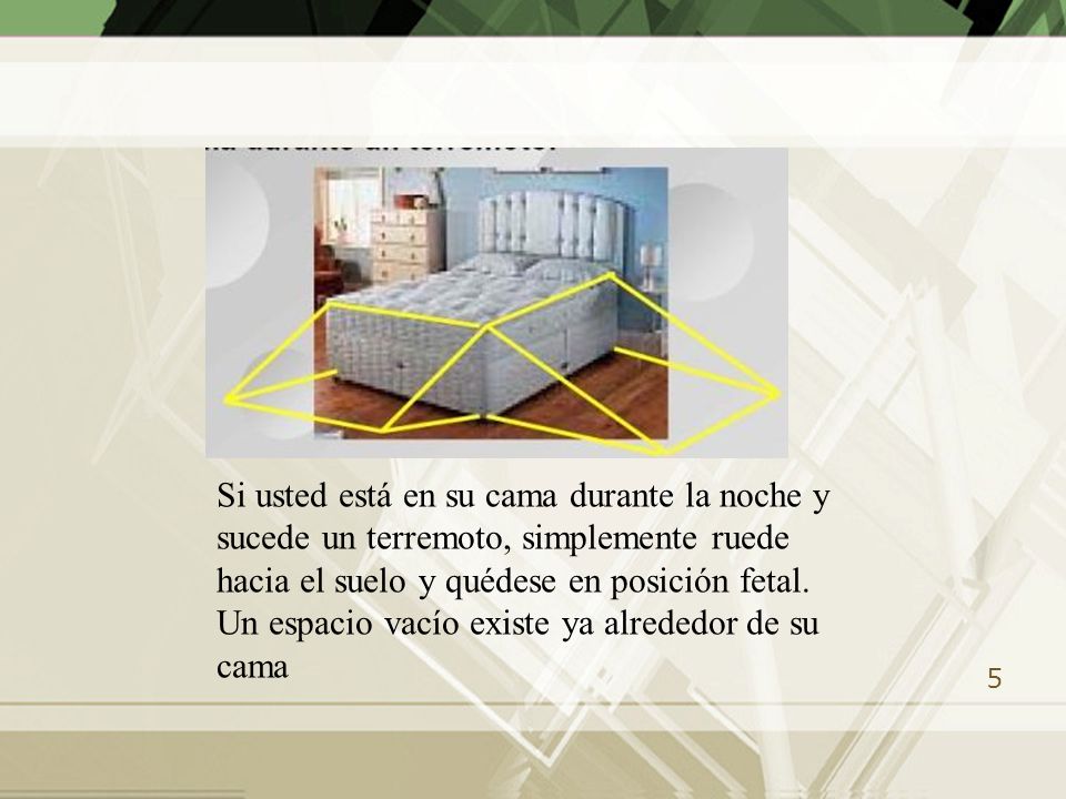 Si usted está en su cama durante la noche y sucede un terremoto, simplemente ruede hacia el suelo y quédese en posición fetal.