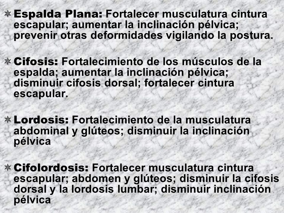 Espalda Plana: Fortalecer musculatura cintura escapular; aumentar la inclinación pélvica; prevenir otras deformidades vigilando la postura.