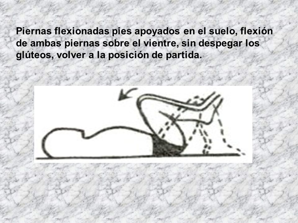 Piernas flexionadas pies apoyados en el suelo, flexión de ambas piernas sobre el vientre, sin despegar los glúteos, volver a la posición de partida.