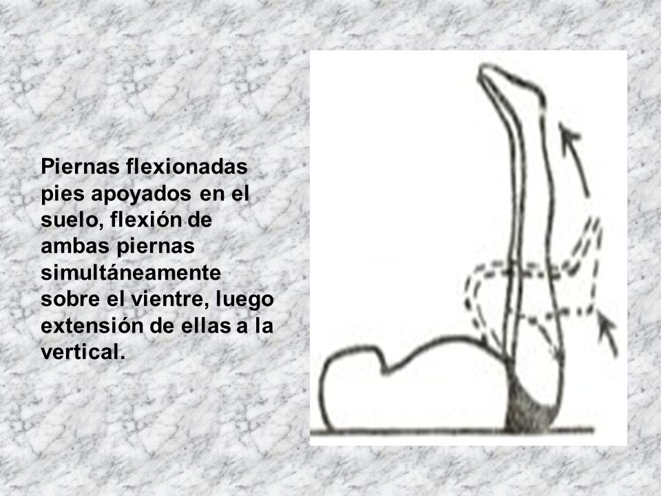 Piernas flexionadas pies apoyados en el suelo, flexión de ambas piernas simultáneamente sobre el vientre, luego extensión de ellas a la vertical.