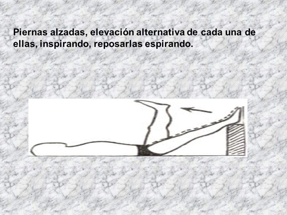 Piernas alzadas, elevación alternativa de cada una de ellas, inspirando, reposarlas espirando.