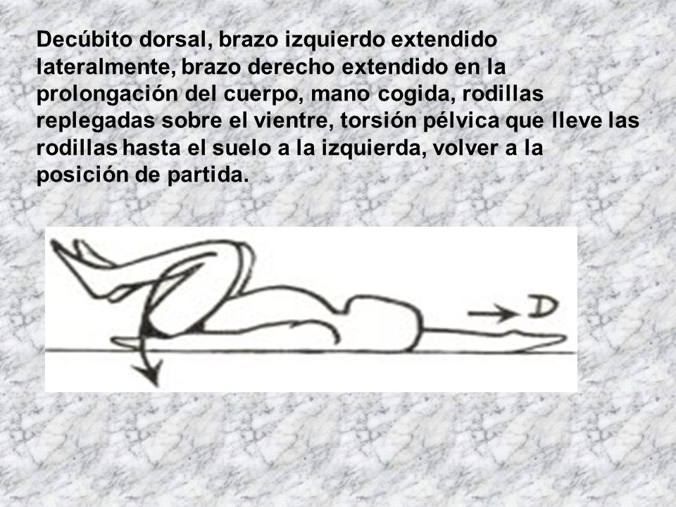 Decúbito dorsal, brazo izquierdo extendido lateralmente, brazo derecho extendido en la prolongación del cuerpo, mano cogida, rodillas replegadas sobre el vientre, torsión pélvica que lleve las rodillas hasta el suelo a la izquierda, volver a la posición de partida.