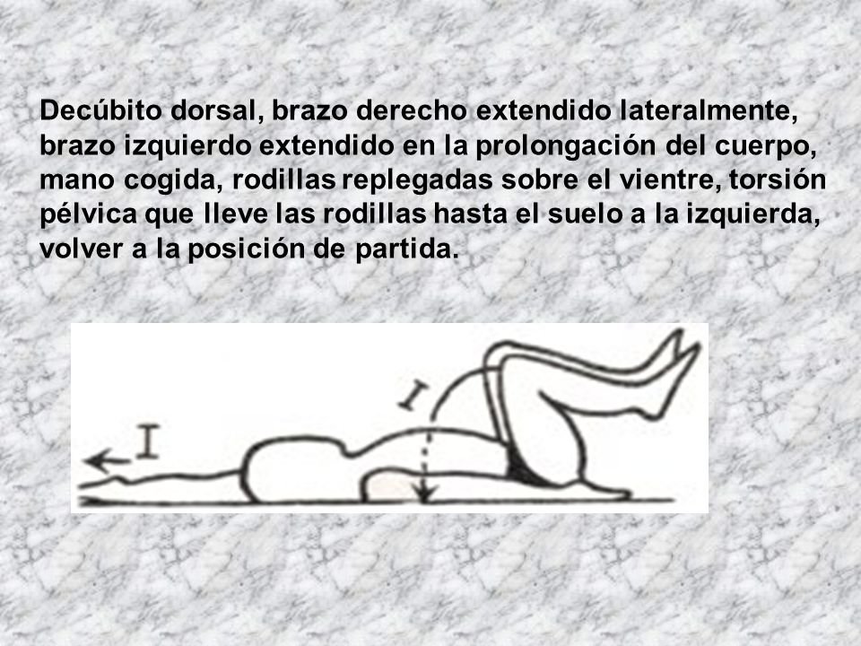 Decúbito dorsal, brazo derecho extendido lateralmente, brazo izquierdo extendido en la prolongación del cuerpo, mano cogida, rodillas replegadas sobre el vientre, torsión pélvica que lleve las rodillas hasta el suelo a la izquierda, volver a la posición de partida.