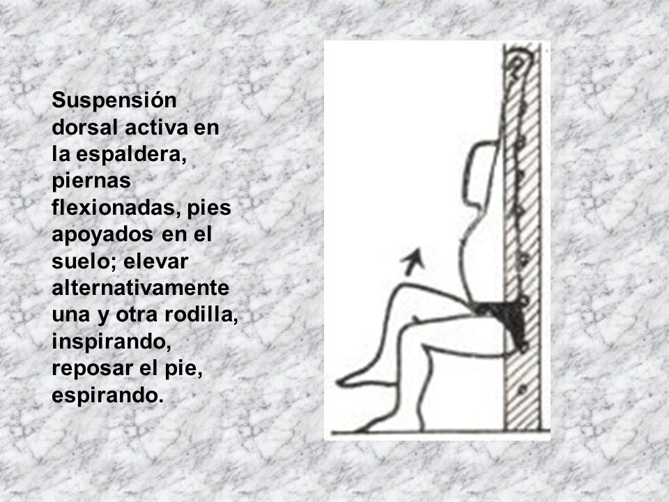 Suspensión dorsal activa en la espaldera, piernas flexionadas, pies apoyados en el suelo; elevar alternativamente una y otra rodilla, inspirando, reposar el pie, espirando.