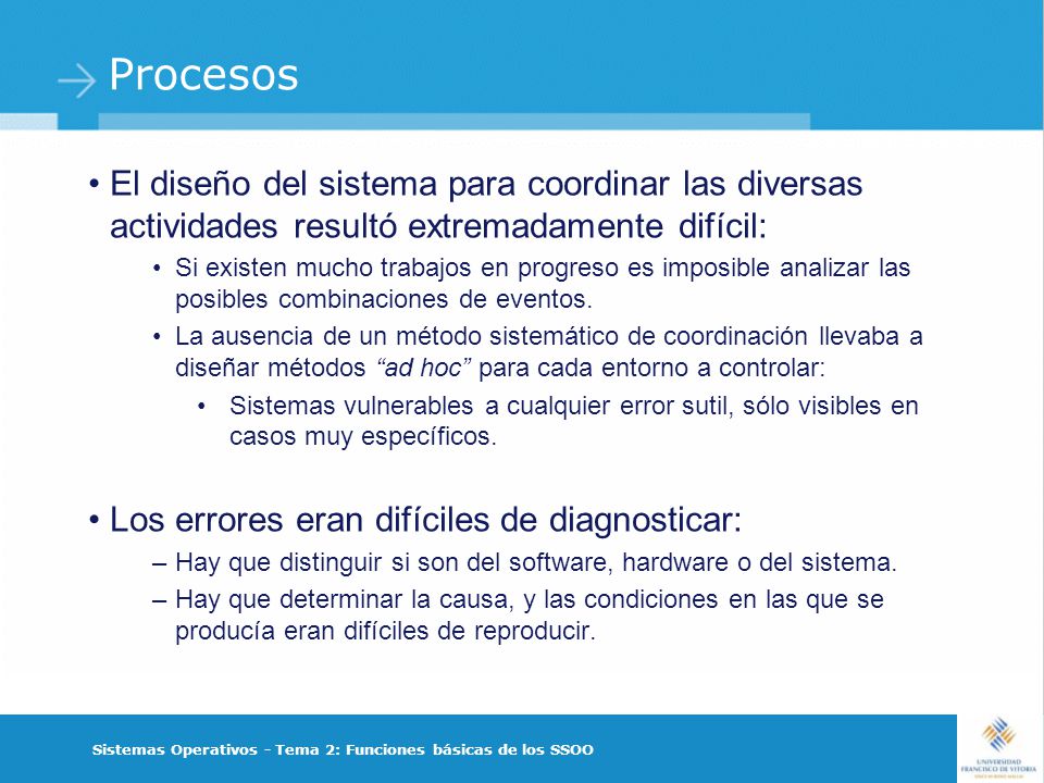 Procesos El diseño del sistema para coordinar las diversas actividades resultó extremadamente difícil: