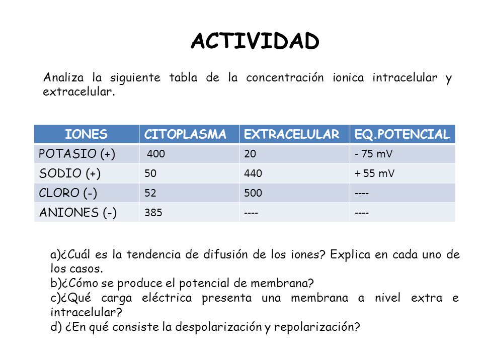 ACTIVIDAD Analiza la siguiente tabla de la concentración ionica intracelular y extracelular. IONES.