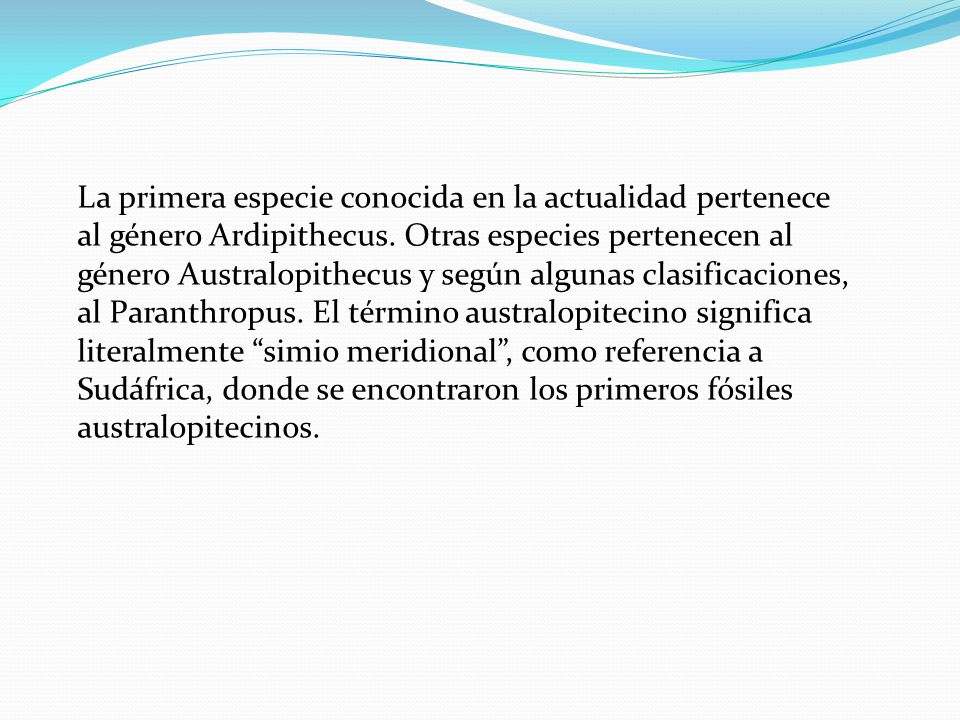 La primera especie conocida en la actualidad pertenece al género Ardipithecus.