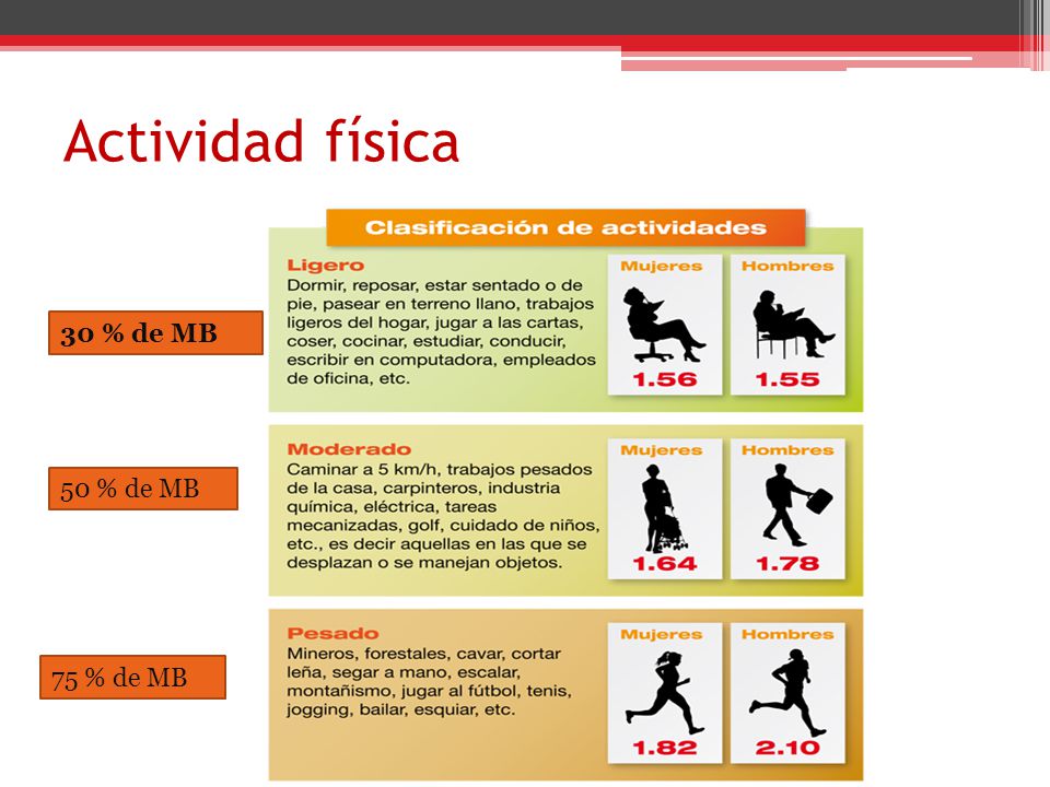Actividad física 30 % de MB 50 % de MB 75 % de MB 75 % de MB