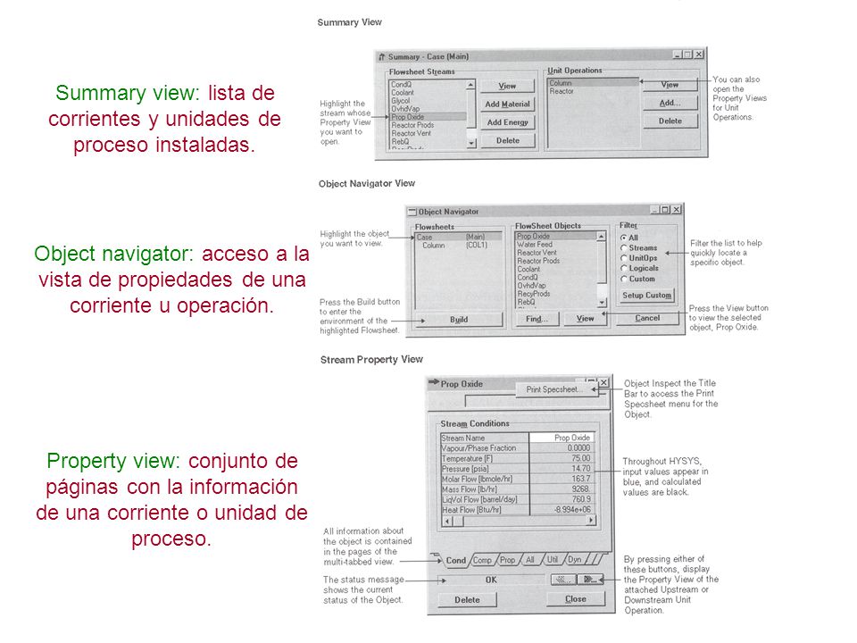 Summary view: lista de corrientes y unidades de proceso instaladas.