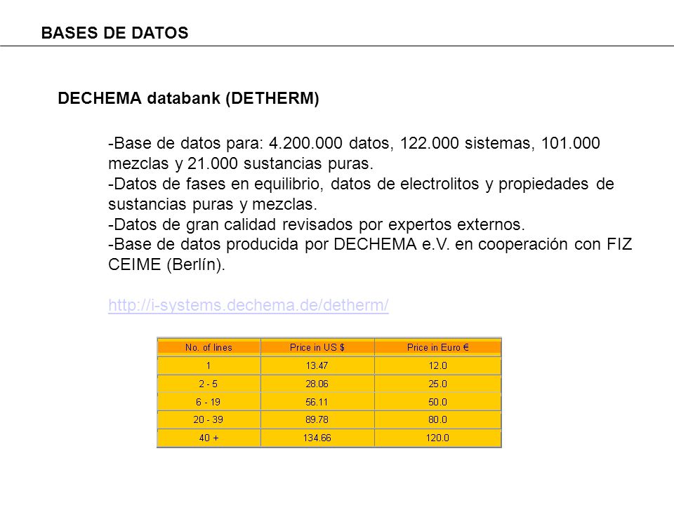 BASES DE DATOS DECHEMA databank (DETHERM) -Base de datos para: datos, sistemas, mezclas y sustancias puras.