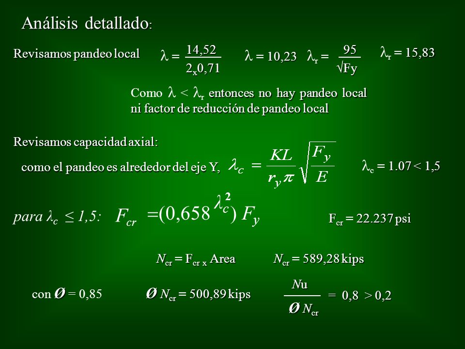 λc =(0,658 ) Fy F Análisis detallado: l = lr = lr = 15,83 l = 10,23
