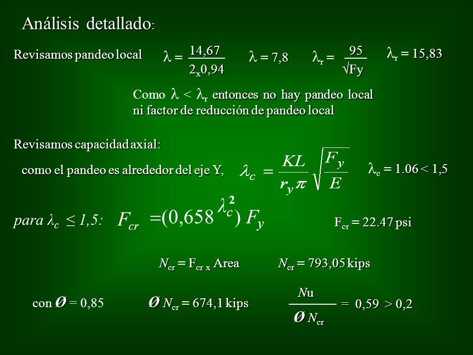 λc =(0,658 ) Fy F Análisis detallado: l = lr = lr = 15,83 l = 7,8