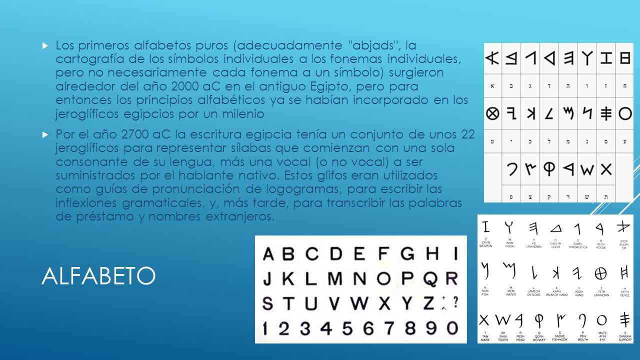 Los primeros alfabetos puros (adecuadamente abjads , la cartografía de los símbolos individuales a los fonemas individuales, pero no necesariamente cada fonema a un símbolo) surgieron alrededor del año 2000 aC en el antiguo Egipto, pero para entonces los principios alfabéticos ya se habían incorporado en los jeroglíficos egipcios por un milenio