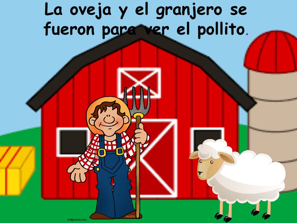 La oveja y el granjero se fueron para ver el pollito.