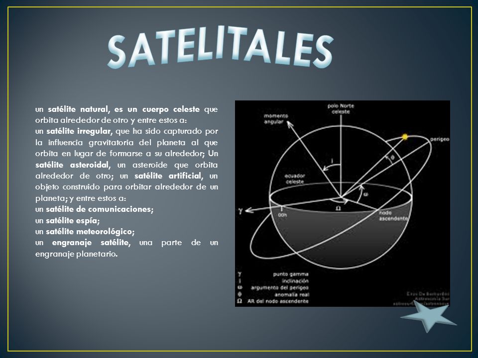 SATELITALES un satélite natural, es un cuerpo celeste que orbita alrededor de otro y entre estos a: