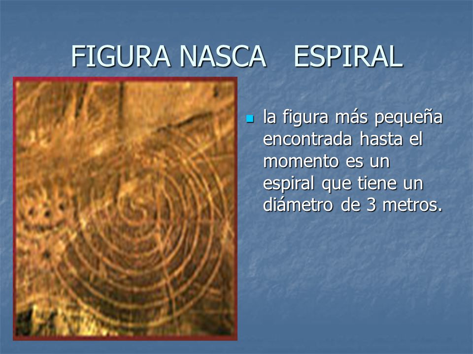 FIGURA NASCA ESPIRAL la figura más pequeña encontrada hasta el momento es un espiral que tiene un diámetro de 3 metros.